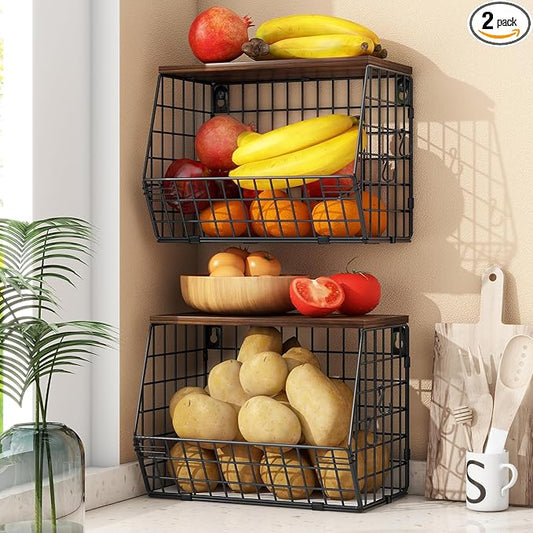 2pcs Fruit Basket Kitchen Storage Basket with Wood Lid, Stackable Wall Basket Fruit Basket for Kitchen, Countertop Organizer for Snack, Fruit and Veggie Storage, 11.8 x 7.9 x 8.5 Inch