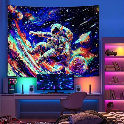 Haibimen Blacklight Astronaut Tapestry Wall Hanging Space Galaxy Travel Funny Surfering Tapestries for Bedroom Colorful Aesthetic Cool Wall Art for Guys Gamer Room Dorm Living Room (surf, 80''×60'')