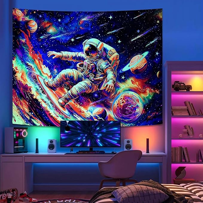 Haibimen Blacklight Astronaut Tapestry Wall Hanging Space Galaxy Travel Funny Surfering Tapestries for Bedroom Colorful Aesthetic Cool Wall Art for Guys Gamer Room Dorm Living Room (surf, 48''×36'')