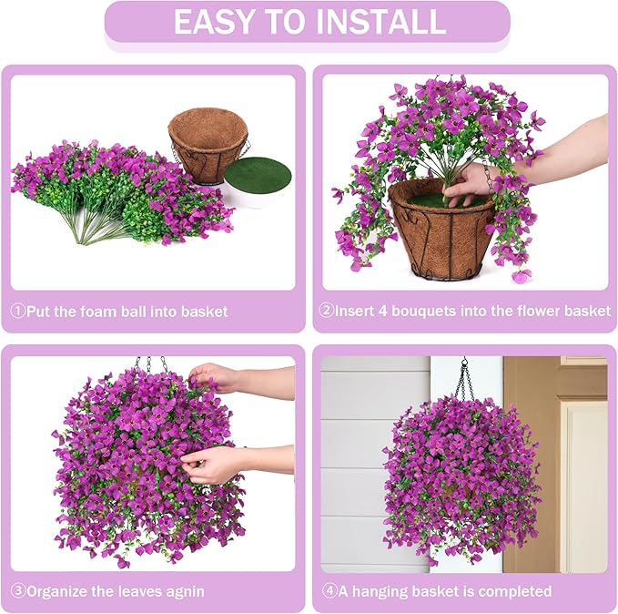 Artificial Hanging Flowers Plants with Basket for Outdoors, Realistic Faux Silk Daisy Flower Eucalyptus for Spring Decor, UV Resistant Fake Plants for Porch Patio Yard Balcony, Purple