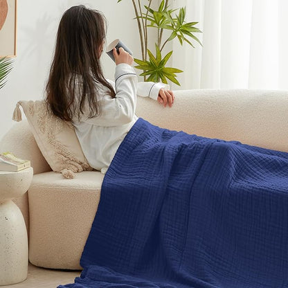 Love's cabin 6 Layer 100% Cotton Muslin Blanket, 90"x90" Muslin Blanket Queen for Couch Bed, Lightweight and Breathable Cotton Gauze for Adult, Navy Blue