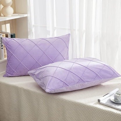 JAUXIO Diamond Pinch Pleated Crystal Velvet Pillowcases 2 Pack Solid Pintuck Throw Cushion Cover for Home Decor Hidden Zipper Closure (Lilac, Standard)