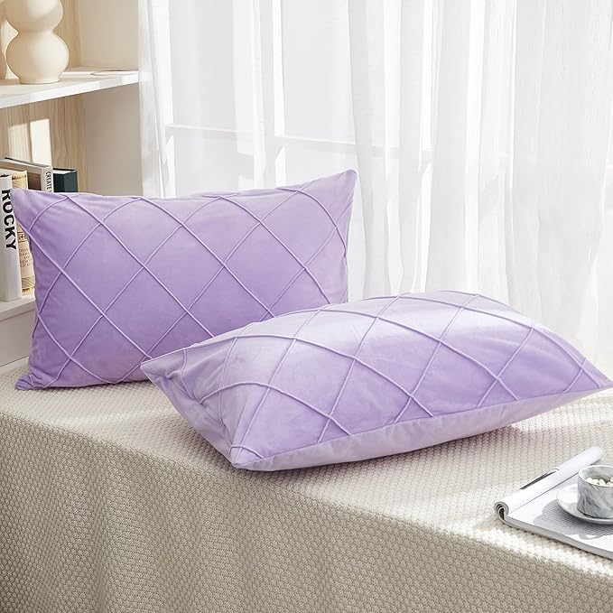 JAUXIO Diamond Pinch Pleated Crystal Velvet Pillowcases 2 Pack Solid Pintuck Throw Cushion Cover for Home Decor Hidden Zipper Closure (Lilac, King)