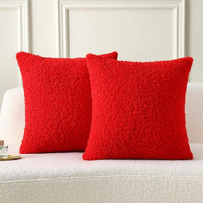 FUTEI Christmas Red Throw Pillow Covers 22x22 Inch Set of 2,Furry Faux Fur Teddy Boucle Textured Cushion Covers,Soft Fluffy Decorative Pillow Case,Home Decor for Couch Bed Living Room Office Car