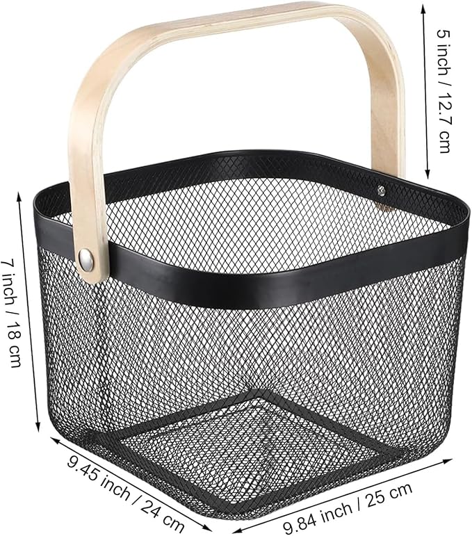 Metal Mesh Wire Basket, Large Steel Basket with Wooden Handle Storage Organizer Basket Multi-functional Hanging Kitchen Baskets Fruit Baskets for Kitchen Bathroom Cabinet Pantry Snacks, Black