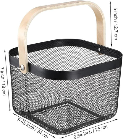 Metal Mesh Wire Basket, Large Steel Basket with Wooden Handle Storage Organizer Basket Multi-functional Hanging Kitchen Baskets Fruit Baskets for Kitchen Bathroom Cabinet Pantry Snacks, Black