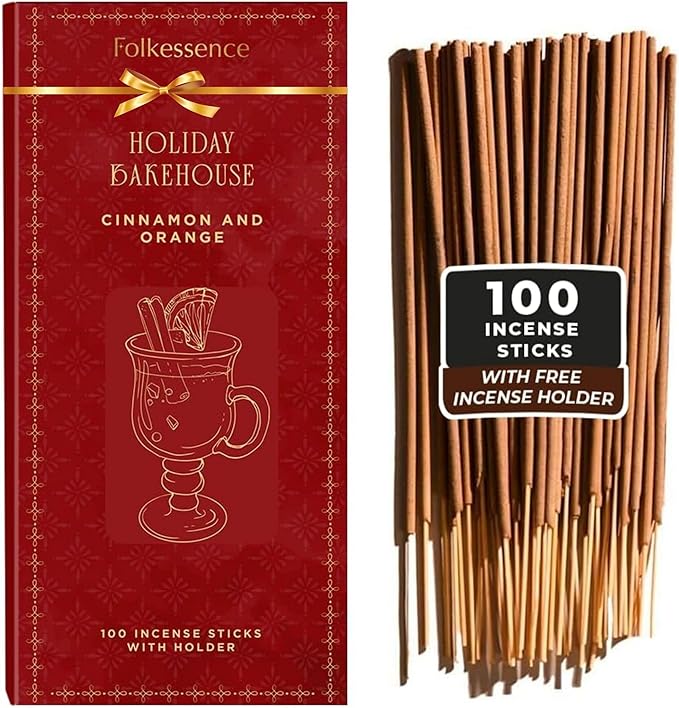 Folkulture Incense Sticks with Holder (100 Sticks)| Cinnamon & Orange Incense Stick for Meditation, Cleanse to Negative Energy | No Charcoal,Organic,Non Toxic, 45 Mins, Long Burning Insence-Sticks