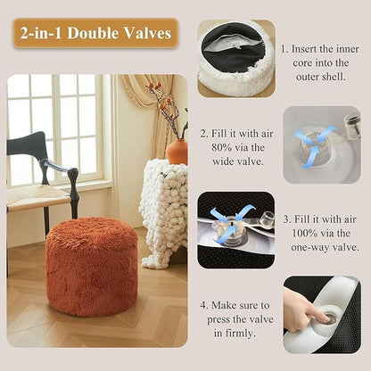 XeGe Fluffy Faux Fur Inflatable Pouf Ottoman, Soft Fuzzy Foot Stool, Plush Furry Foot Rest Floor Pouf Anti-Slip for Kids Girls Adult, Cute Foldable Round Ottoman Cushion Living Room, Burnt Orange