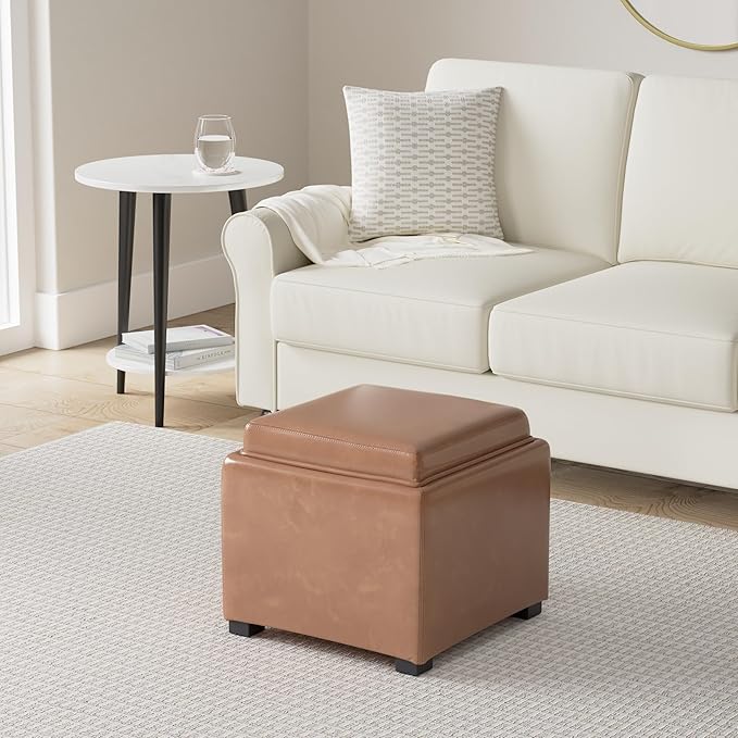 CHITA Storage Ottoman Cube with Tray Lid, Small Footstool with Storage, Square End Table for Living Room and Bedroom, Faux Leather in Saddle Brown