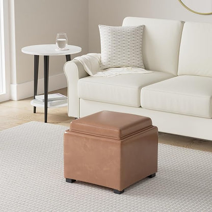CHITA Storage Ottoman Cube with Tray Lid, Small Footstool with Storage, Square End Table for Living Room and Bedroom, Faux Leather in Saddle Brown