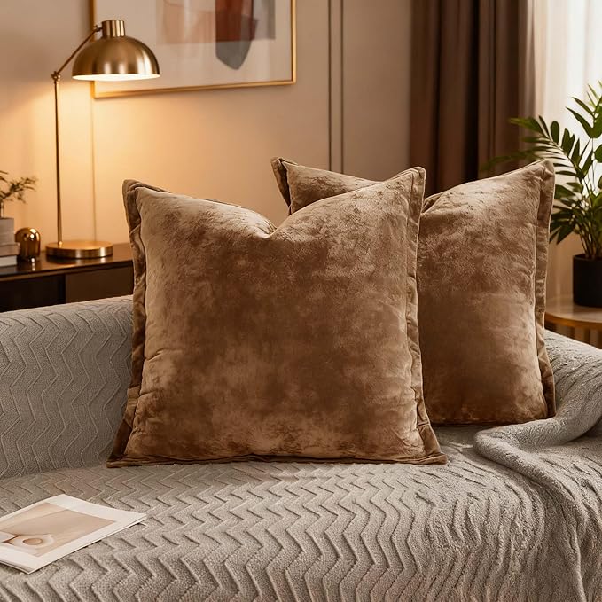 Velvet Pillow Covers 2 Pack Soft 26x26 Pillow Covers Solid Square Euro Shams Decorative Couch Pillow Cases with Wide Border for Sofa Bed Home Decor,Caramel