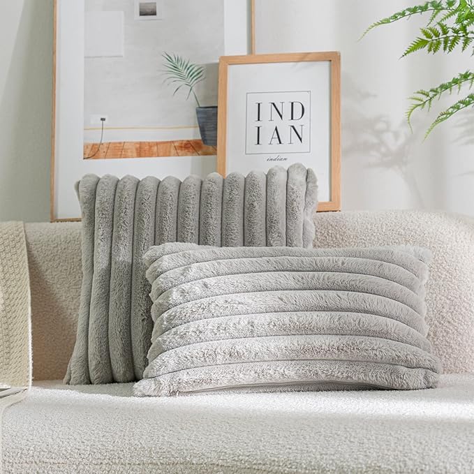 DEELAND Pack of 2,Double-Sided Faux Fur Plush Decorative Throw Pillow Covers Fuzzy Striped Soft Pillowcase Cushion Covers for Sofa Couch Bedroom Lightgrey 22x22 inch