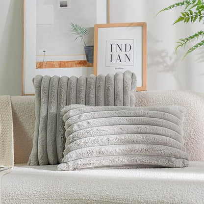DEELAND Pack of 2,Double-Sided Faux Fur Plush Decorative Throw Pillow Covers Fuzzy Striped Soft Pillowcase Cushion Covers for Sofa Couch Bedroom Lightgrey 26x26 inch