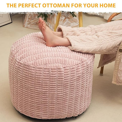 Round Stuffed Pouf Ottoman for Foot Rest, Storage Ottoman Pouf Foot Stool Cushion, Faux Fur Poufs with Foam Chunk Filling, 20 X 15 Inch Floor Chair for Living Room Bedroom Home Decor, Pink