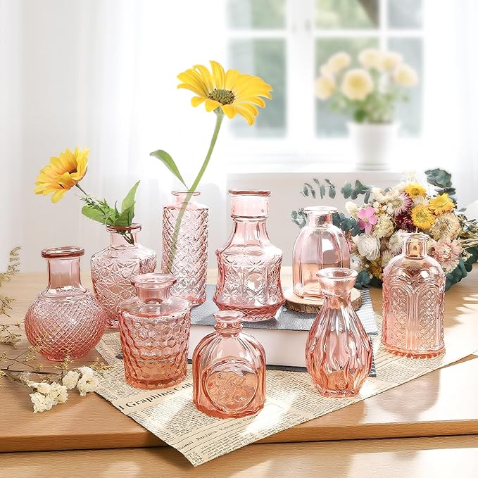 Vintage Pink Small Glass Vase Set of 24, Cute Bud Vases for Centerpiece Table Decorations, Boho Mini Vases for Flowers, Pink Clear Vase Bulk for Wedding Party Decor, Birthday, Baby Shower