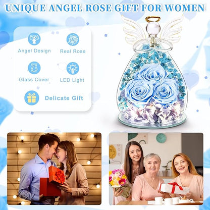 Beferr Valentines Day Rose Gifts for Her Women Mom Gifts for Birthday, Fresh Flowers for Delivery Prime Forever Preserved Rose in Glass Angel Figurine, for Grandma Wife Kids Daughter