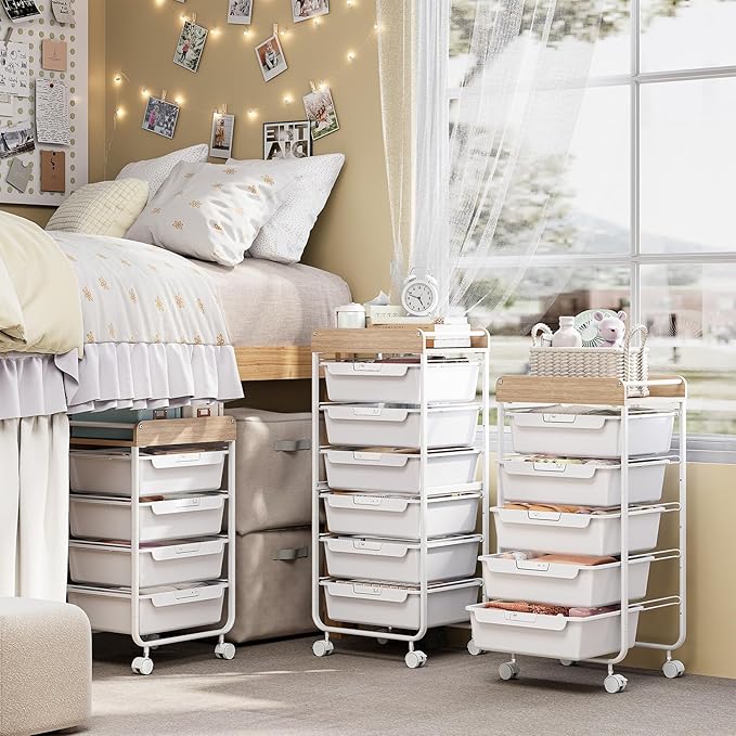 Rolling Storage Utility Cart With 5 Drawers,Craft Cart with Wheels,Makeup Organizer,Art Supply And Storage Wooden Tabletop,White