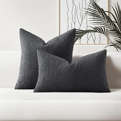 HAUSSY Set of 2 26x26 Decorative Throw Pillow Covers, Soft Cozy Euro Pillow Shams Textured Boucle, Home Decor for Couch Bed Living Room, Dark Grey