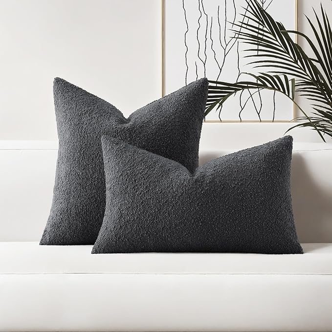 HAUSSY Set of 2 24x24 Decorative Throw Pillow Covers, Soft Cozy European Pillow Shams Textured Boucle, Home Decor for Couch Bed Living Room, Dark Grey