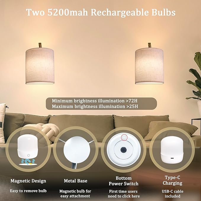 Battery Operated Wall Sconces Set of 2 Rechargeable Wall Lights with Remote Dimmable Magnetic LED Bulbs12 RGB Colors and Timer Wireless Sconces for Bedroom Living Room