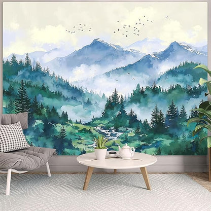 Haibimen Monet Nature Mountain Tapestry Wall Hanging Green Forest Stream Birds Landscape tapestrise for Bedroom Watercolor Aesthetic Wall Decor for Living Room Dorm (forest-3, 48''×36'')