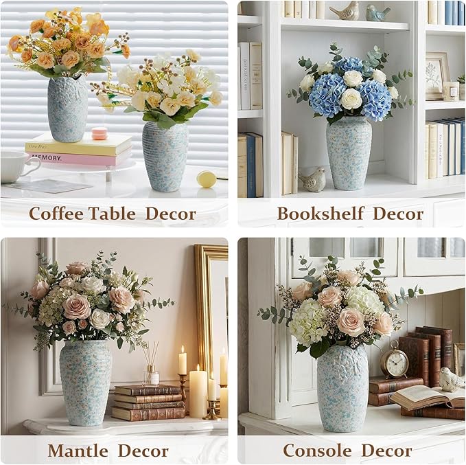 BEAHOT Ceramic Vases Set of 3 – 6.7-inch Handmade Blue & White Pottery Trio with Speckled Glaze – Decorative Flower Vases Home Decor for Table Mantel Entryway Shelf Living Room Kitchen Bathroom