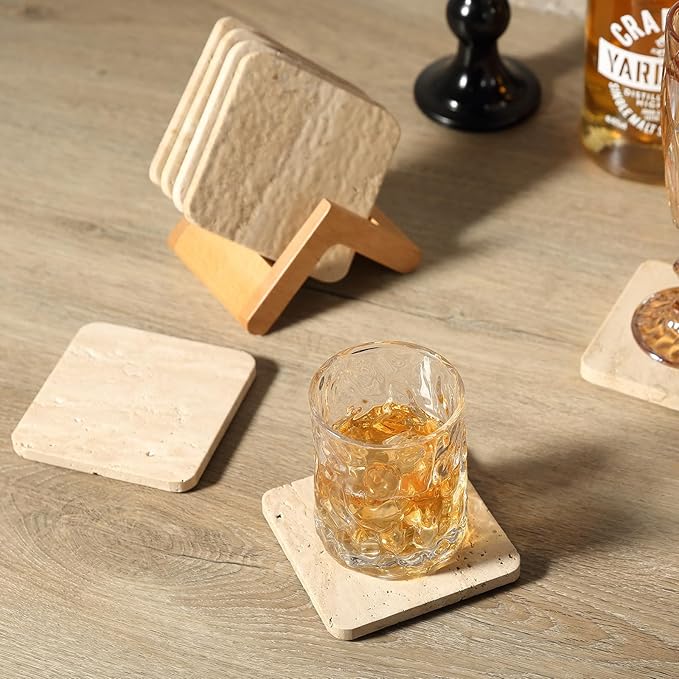 Koville Travertine Coasters Set of 5, Square Coasters with Holder for Drinks, 4" Cup Coaster for Coffee Table Home Office Bar Decor, Heat Resistant Natural Stone Drink Coaster(Beige)