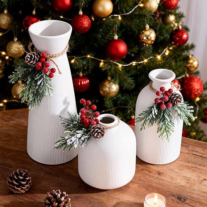 Christmas White Ceramic Flower Vases Set of 3, Large Xmas Gift Vases with Vertical Stripe Texture, Modern Decorative Vases for Dried Flowers, Home Decor for Living Room Bedroom Kitchen Shelf