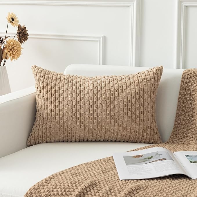 Kevin Textile 14x20 Inch Pillow Cover 1 Pack Boho Decorative Soft Striped Corduroy Lumbar Farmhouse Solid Color Accent Rectangle Cushion Case for Living Room Couch Sofa Bed, Tan
