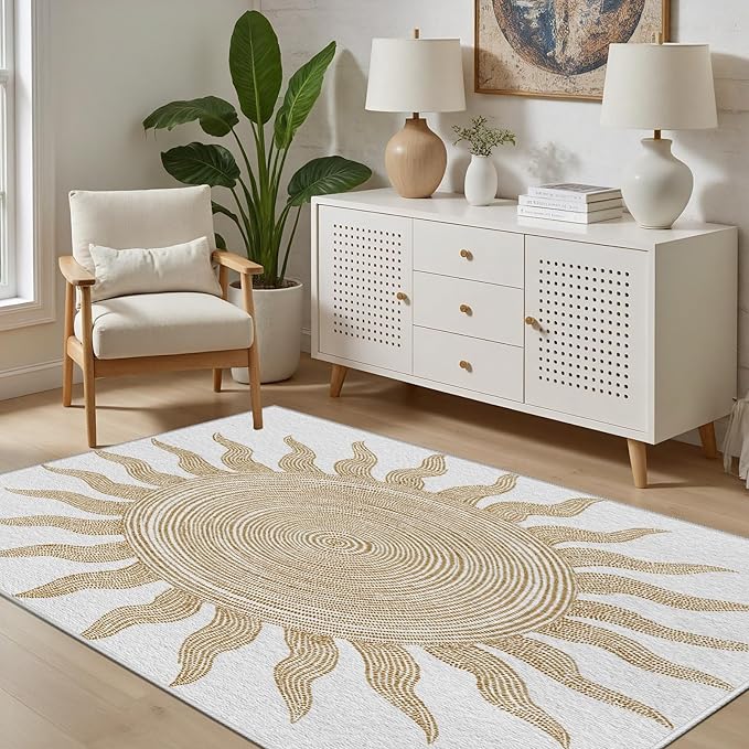 Boho Washable Rugs for Bedroom 3x4, Modern Sun Print Soft Minimalism Area Rug, Non Slip Low Pile Abstract Carpet for Classroom Living Room Decor Dining Room Sofa Kids Nursery Room, Beige Yellow
