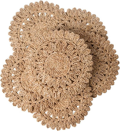 15" Set of 6 Round Corn Husk Placemats | Boho Woven Rattan Table Mats | Farmhouse Wicker Spring Plate Chargers Like Water Hyacinth, Seagrass Table Mats
