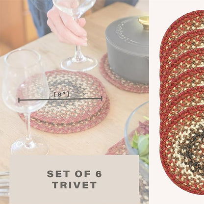 Homespice Chester Jute Braided Kitchen Trivets for Hot Dishes, Warm Cabin and Lodge Decor, Set of 6, Red 8" Round Heat Resistant Mat - Rich Colors, Easy to Clean, Durable and Protects Furniture