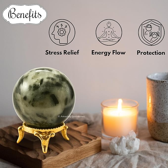 Amazing Gemstone Green Tourmaline in Quartz Crystal Ball with Stand - 1.5 Inches Crystal Sphere Meditation Balls for Witchcraft and Decorative Balls