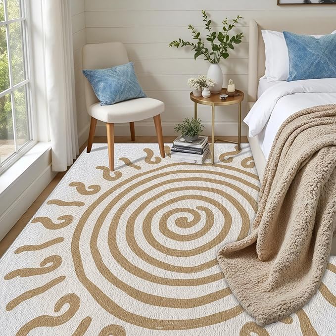 Boho Washable Rugs for Bedroom 5x6, Modern Sun Print Soft Minimalism Area Rug, Non Slip Low Pile Abstract Carpet for Classroom Living Room Decor Dining Room, Beige Yellow