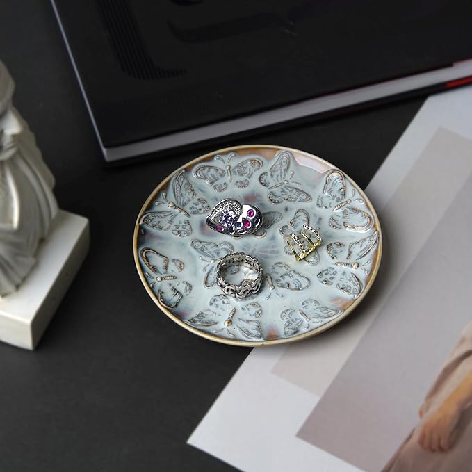 Ceramic Jewelry Dish, Decorative Tray for Rings Earrings Necklaces Bracelet Watch Keys, 4.50" Trinket Tray as Gifts for Women (Reactive Butterflies)