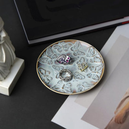 Ceramic Jewelry Dish, Decorative Tray for Rings Earrings Necklaces Bracelet Watch Keys, 4.50" Trinket Tray as Gifts for Women (Reactive Butterflies)