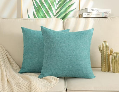Stellhome Burlap Large Throw Pillow Covers Textured Farmhouse Linen Pillowcase for Bed Couch Sofa Bench Rustic Pillows Neutral Accent Cushion Cases Set of 2, 24 x 24 inch (60 x 60 cm), Blue Green