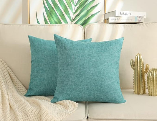Stellhome Burlap Throw Pillow Covers Textured Farmhouse Pillowcase 20x20 inch Decorative Linen Cushion Covers for Bed Couch Sofa Bench, Set of 2, Blue Green