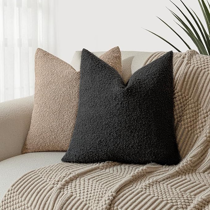 Foindtower Decorative Textured Boucle Throw Pillow Covers Accent Solid Pillow Cases Neutral Soft Cozy Couch Cushion Case for Chair Sofa Bedroom Living Room Home Decor 24 x 24 Inch,Black