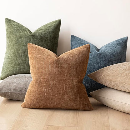 Foindtower Pack of 2 Textured Chenille Throw Decorative Pillow Covers Square Accent Solid Cushion Cover Neutral Farmhouse Lumbar Pillow Case for Couch Sofa Bedroom Living Room 12x20 Inch,Dark Green