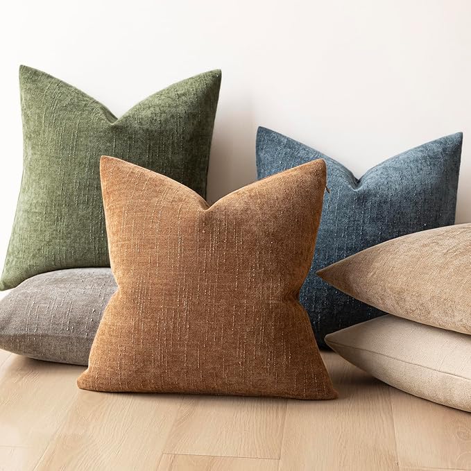 Foindtower Pack of 2 Soft Textured Chenille Throw Decorative Pillow Covers Square Accent Solid Cushion Cover Cozy Neutral Farmhouse Pillow Case for Couch Sofa Bedroom Living Room 26x26 Inch,Dark Green