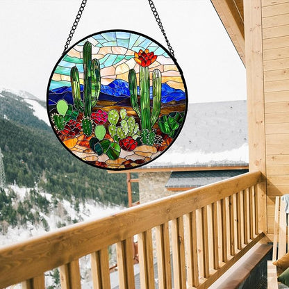 DASTOLL Stained Glass Window Hanging, Green Cactus Suncatcher for Doors Window Home Plant Landscape Sun Catchers Decoration Mother's Day Birthday Gifts for Women, Men, and Mom 7.8 in