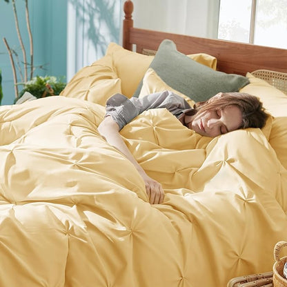 Bedsure California King Comforter Set Yellow - Bed in a Bag Cal King Bedding Set 7 Pieces, GentleSoft™ Pintuck Bed Set Gift for Family, Pinch Pleat Yellow Comforter with Sheets, Pillowcases & Shams