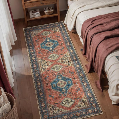 Tangsoo 2.6x10 Washable Runner Rug for Hallways, Non Slip Vintage Runner Rug, Soft Low Pile Long Rug Runner, Print Distressed Carpet Runners for Kitchen Bedroom Entryway Living Room Terracotta