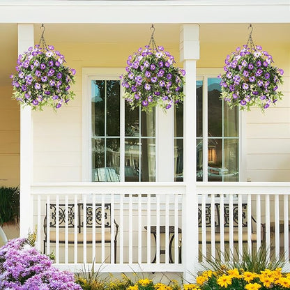 Artificial Fake Flowers Plants for Outdoors Spring Decoration, 2Pcs Faux Petunias with Greenery UV Resistant No Fade, Realistic Silk Flower for Outside Patio Planters Front Porch Window (Purple)