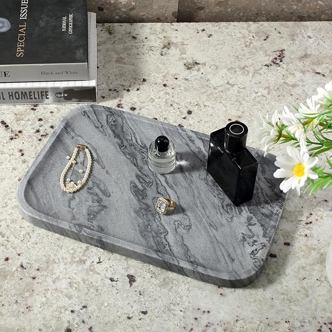 Koville Marble Tray, 12"x8" Natural Marble Vanity Tray for Countertop Bathroom Kitchen Dresser, Decorative Catchall Trays for Perfume Jewelry, Rectangular Stone Serving Tray (Grey)