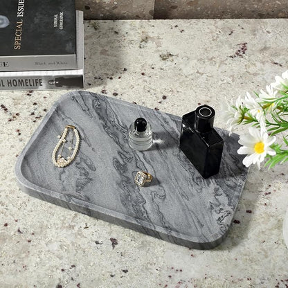 Koville Marble Tray, 12"x8" Natural Marble Vanity Tray for Countertop Bathroom Kitchen Dresser, Decorative Catchall Trays for Perfume Jewelry, Rectangular Stone Serving Tray (Grey)