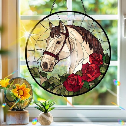 Bimkole Horse Sun Catchers Indoor Window - Flowers Acrylic Suncatcher Hanging Decoration for Living Room Bedroom Summer Home Balcony Outdoor Garden Ornaments Decoration 7.8x7.8 Inch