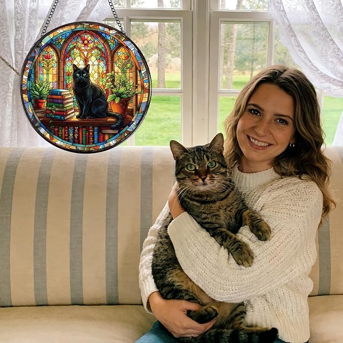 Rngmsi Stained Glass Window Hanging, 8 Inch Sun Catcher Cat and Book Theme Gift for Housewarming, Decorative Suncatchers Gifts for Wall Art Landscape Hanging Home Decor