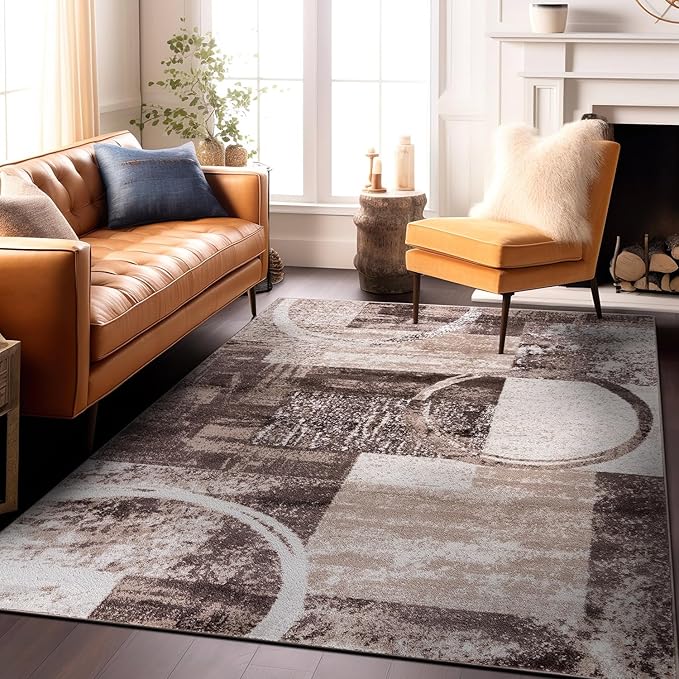 Rugshop Contemporary Abstract Circle Design Area Rug, Fade-Resistant Modern Carpet for Living Room, Dining Room, or Office, Brown, 10' x 14'